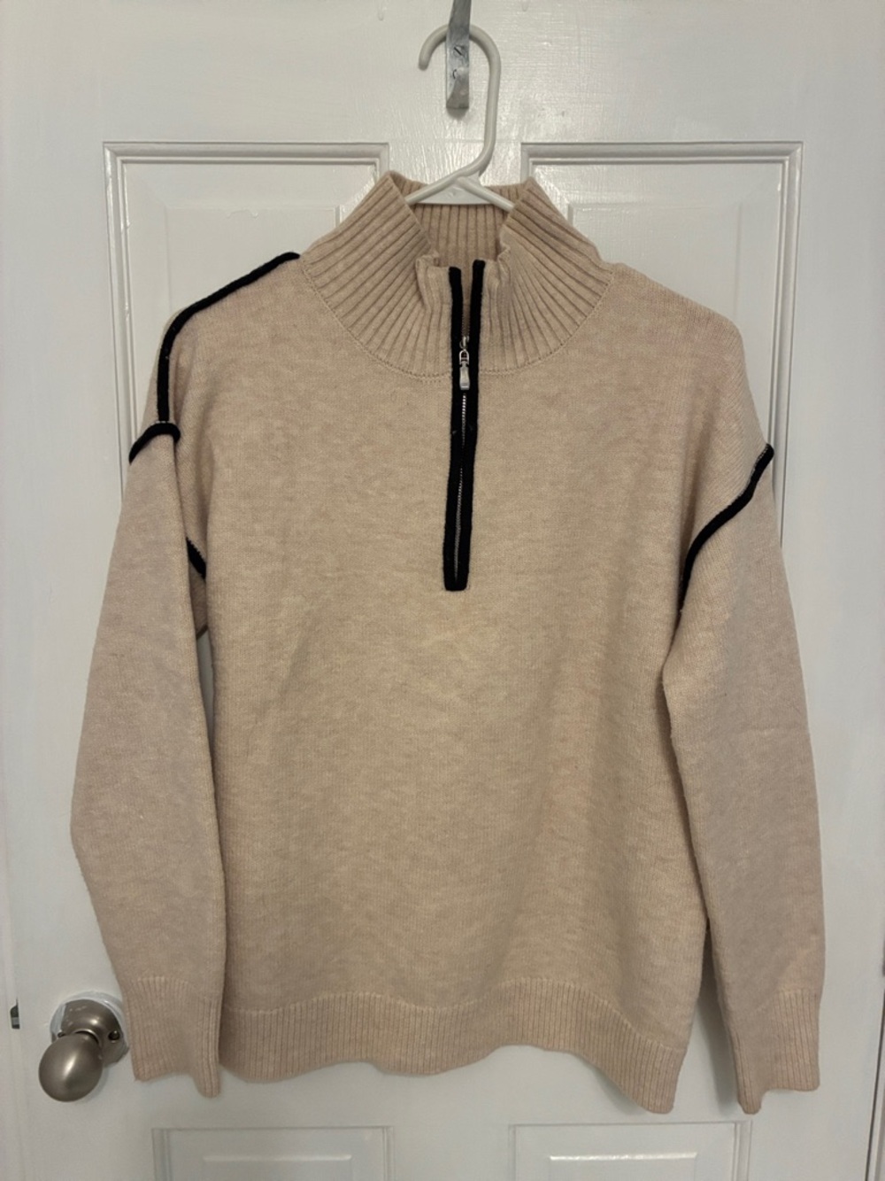 Women’s Half-Zip Mock Neck Sweater - Beige with Black Trim